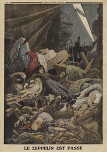 ドイツのツェッペリンによる空襲で死亡した家族、第一次世界大戦、1916年（カラーリトグラフ 作： Louis Charles (after) Bombled
