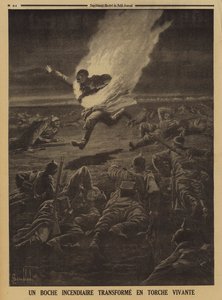 可燃物を持ったドイツ兵が夜戦で人間たいまつになった（第一次世界大戦 作： Louis Charles (after) Bombled