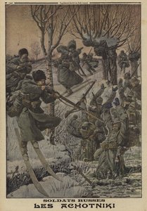 ドイツ人の集団を捕らえるスキーを履いたロシア兵（第一次世界大戦