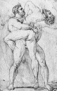 ヘラクレスの首を絞めるアンテウス（紙に黒鉛鉛筆） 作： Louis Charles Auguste Couder