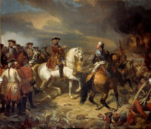 1747年7月27日、ザクセンのマレシャルが勝利したローフェルトの戦い。 ルイ15世のフランス軍はカンバーランド公のイギリス軍に勝利しました。ルイ・シャルル・オーギュスト・クーデル（1789-1873）による絵画 1836年 日。4,65x5,43 m - ラウフェルトの戦い