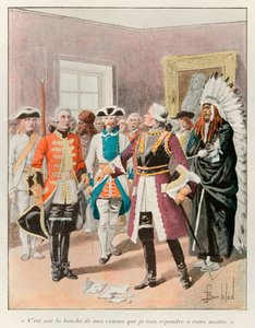 Bombled Louis (1862 - 1927); Louis de Frontenac (1622-1698)は、1690年に戦わずしてケベックの街を渡すように要求するイギリス人の使者を迎えて、「あなたの主人に答えるのは、私の銃の口である」と答えた。 作： Louis Charles Bombled
