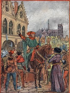 Etienne Marcel, prevot des marchands (1315-1358) 1357年7月、グレーブ広場のMaison des Pillarsを取得（パリの商人のプロボストである政治家エティエンヌ・マルセルは、いわゆるMaison aux Pillars（「柱の家」）を、パリの商人の名前で購入しました）。 作： Louis Charles Bombled