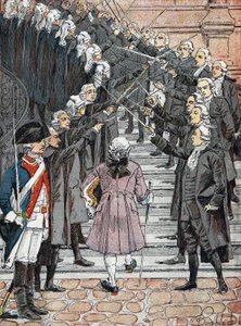フランス革命。フランス国王ルイ16世がパリ市庁舎に来るように召集され、衛兵の「鋼鉄の金庫」を横切る 作： Louis Charles Bombled