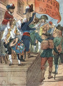 フランス革命戦争： 革命的なフランスと反革命的な君主国との間の戦争でフランスが敗北した後、フランス議会が祖国への危険を宣言する1792年7月22日）イラスト：ルイ・シャルル