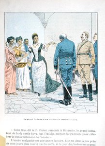 女王ラナヴァローナ3世（1862-1917）の入浴式に臨むデュシェーヌ将軍と将校たち（H.Gallei作「La Guerre a Madagascar」より） 19世紀後半 カラーリトグラフ版