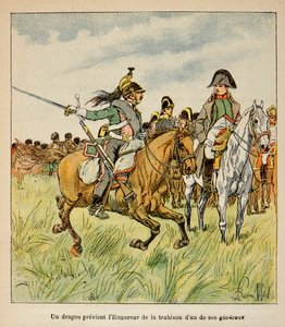 Emmanuel de Las Cases (1766-1842)伯爵からBombled Louis (1862-1927)が描いたイラスト：1815年6月のワーテルローの戦いで将軍の一人が裏切ったことを皇帝に警告するドラゴン、Private Collection