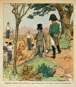 ボンブル・ルイ（1862-1927）によるエマニュエル・ド・ラス・ケース伯爵「サン・ヘレネの記念碑」（1766-1842）の挿絵。ハドソン・ロウ総督（1769-1844）がロングウッド周辺に築いた要塞を視察するナポレオン（個人蔵 作： Louis Charles Bombled