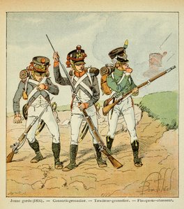 ボンブル・ルイ（1862-1927）が、エマニュエル・ド・ラス・カース伯爵（1766-1842）の著書『聖ヘレネの記念』から描いたイラスト。1806年の若き親衛隊：徴兵擲弾兵、射手擲弾兵、フランカー・ハンター、プライベート・コレクション