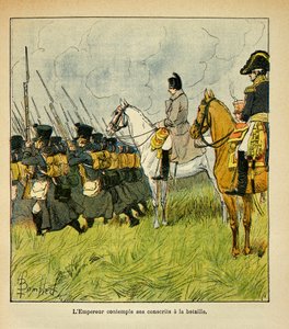 エマニュエル・ド・ラス・ケース伯爵（1766-1842）の著書『聖ヘレネの記念』からボンブル・ルイ（1862-1927）が描いたイラスト。皇帝ナポレオンが戦闘中に徴兵を考えている様子、個人蔵 作： Louis Charles Bombled