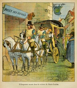 エマニュエル・ド・ラス・ケース伯爵（1766-1842）の著書『聖ヘレネの記念』からボンブル・ルイ（1862-1927）が描いたイラスト。1810年、皇帝ナポレオンが妻のマリー・ルイーズに会うために乗った車、プライベート・コレクション 作： Louis Charles Bombled