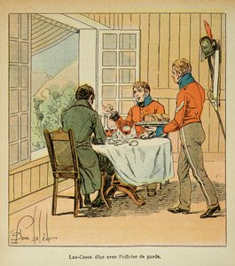 エマニュエル・ド・ラス・ケース伯爵（1766-1842）の著書「聖ヘレネの記念碑」からボンブル・ルイ（1862-1927）が描いたイラスト。ラス・ケースと衛兵の晩餐会（個人蔵 作： Louis Charles Bombled