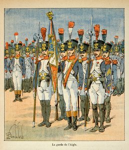 エマニュエル・デ・ラスカセス伯爵（1766-1842）の著書「サン・ヘレネの記念碑」からボンブル・ルイ（1862-1927）が描いたイラスト。鷲の護衛兵（ナポレオンが旗を守るために作った）、個人蔵 作： Louis Charles Bombled