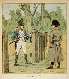 エマニュエル・ド・ラス・ケース伯爵（1766-1842）の著書『サン・ヘレネの記念』からボンブル・ルイ（1862-1927）が描いたイラスト。戦いの前夜に特定の拠点を訪れたナポレオンが衛兵に止められている場面、個人蔵