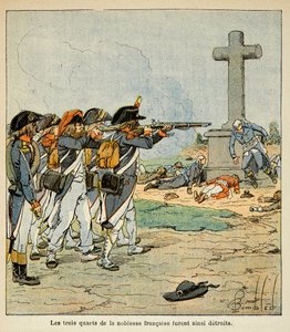エマニュエル・ド・ラス・ケース伯爵（1766-1842）の著書『サン・ヘレネの記念』からボンブル・ルイ（1862-1927）が描いたイラスト。ヴァンデ戦争中のDes chouanの銃撃戦、個人蔵 作： Louis Charles Bombled