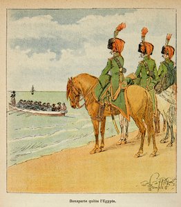 エマニュエル・ド・ラス・ケース伯爵（1766-1842）の著書『聖ヘレネの記念』からボンブル・ルイ（1862-1927）が描いたイラスト。ボナパルトは1799年8月23日にエジプトを出発した、プライベート・コレクション 作： Louis Charles Bombled
