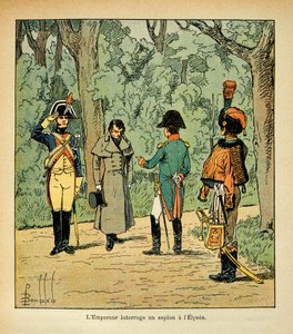 エマニュエル・ド・ラス・ケース伯爵（1766-1842）の著書『聖ヘレネの記念』からボンブル・ルイ（1862-1927）が描いたイラスト。エリゼ宮でスパイを尋問する皇帝ナポレオン、個人蔵 作： Louis Charles Bombled