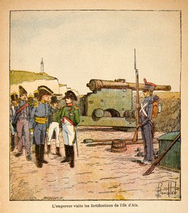 エマニュエル・ド・ラス・ケース伯爵（1766-1842）の著書『サン・ヘレネの記念』からボンブル・ルイ（1862-1927）が描いたイラスト。退位後にエクス島の要塞を訪れる皇帝ナポレオン、個人蔵 作： Louis Charles Bombled