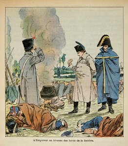 エマニュエル・ド・ラス・ケース伯爵（1766-1842）の著書『サン・ヘレネの記念碑』からボンブル・ルイ（1862-1927）が描いたイラスト。ビバーク中に兵士のパンを食べるナポレオン、個人蔵 作： Louis Charles Bombled