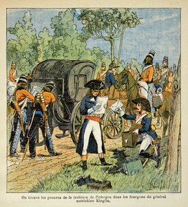 エマニュエル・ド・ラス・ケース伯爵（1766-1842）の著書『聖ヘレネの記念』からボンブル・ルイ（1862-1927）が描いた挿絵。ライン川を通過中、モローはピケグルとコンデ公の間の書簡をコンデ公の車の中で発見する。 作： Louis Charles Bombled