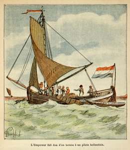エマニュエル・デ・ラスカセス伯爵（1766-1842）の著書「サン・ヘレネの記念碑」からボンブル・ルイ（1862-1927）が描いたイラスト。ナポレオンがオランダを訪問した際に、オランダ人水先案内人にボートを寄贈したもの 作： Louis Charles Bombled