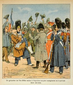 エマニュエル・ド・ラス・ケース伯爵（1766-1842）の著書『聖ヘレネの記念』からボンブル・ルイ（1862-1927）が描いたイラスト。擲弾兵がエルバ島から戻る際に、非正規雇用の父親を抱きかかえてナポレオンの元へ連れて行く、二等兵大佐 作： Louis Charles Bombled