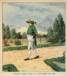 エマニュエル・ド・ラス・ケース伯爵（1766-1842）の著書『サン・ヘレネの記念』からボンブル・ルイ（1862-1927）が描いたイラスト。1816年9月、サン・ヘレネの庭を歩く皇帝ナポレオン、個人蔵 作： Louis Charles Bombled