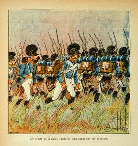 エマニュエル・デ・ラスカセス伯爵（1766-1842）の著書『聖ヘレネの記念』からボンブル・ルイ（1862-1927）が描いたイラスト。ナポレオン軍と統合されたバイエルン軍、個人蔵 作： Louis Charles Bombled