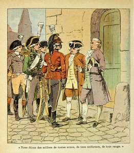 エマニュエル・デ・ラスカセス伯爵（1766-1842）の著書『聖ヘレネの記念』からボンブル・ルイ（1862-1927）が描いたイラスト。革命時にコブレンツ（Koblenz）に移住した人々、個人蔵 作： Louis Charles Bombled