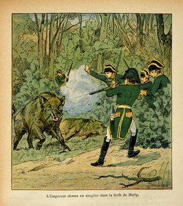 エマニュエル・ド・ラス・ケース伯爵（1766-1842）の著書『聖ヘレネの記念』からボンブル・ルイ（1862-1927）が描いたイラスト。マルリーの森でイノシシを狩る皇帝ナポレオン、個人蔵 作： Louis Charles Bombled