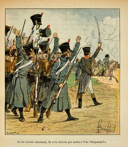 エマニュエル・ド・ラス・ケース伯爵（1766-1842）の著書『聖ヘレネの記念』からボンブル・ルイ（1862-1927）が描いたイラスト。皇帝ナポレオンを称賛する軍隊、個人蔵 作： Louis Charles Bombled