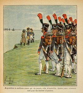 エマニュエル・ド・ラス・ケース伯爵（1766-1842）の著書『サン・ヘレネの記念碑』からボンブル・ルイ（1862-1927）が描いたイラスト。ブーローニュの大軍団、皇帝ナポレオンは侵攻したいイギリスを考えている、個人蔵 作： Louis Charles Bombled