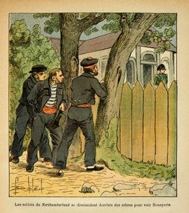 エマニュエル・ド・ラス・ケース伯爵（1766-1842）の著書『サン・ヘレネの記念』からボンブル・ルイ（1862-1927）が描いたイラスト。サン・ヘレネでは、ノーサンバーランドの船員たちが皇帝ナポレオンに会うために隠れている、個人蔵 作： Louis Charles Bombled
