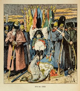 エマニュエル・ド・ラス・カース伯爵（1766-1842）の著書『聖ヘレネの記念』からボンブル・ルイ（1862-1927）が描いたイラスト。アレゴリー、皇帝の死後、軍隊が皇帝に敬意を表する、個人蔵 作： Louis Charles Bombled