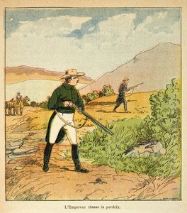 エマニュエル・ド・ラス・ケース伯爵（1766-1842）の著書『サン・ヘレネの記念』からボンブル・ルイ（1862-1927）が描いたイラスト。1816年8月、サン・ヘレネでラス・ケースと狩りをするナポレオン、個人蔵 作： Louis Charles Bombled