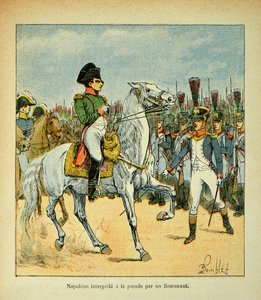 エマニュエル・ド・ラス・ケース伯爵（1766-1842）の著書『サン・ヘレネの記念碑』からボンブル・ルイ（1862-1927）が描いたイラスト。中尉によるパレードを呼ぶナポレオン、個人蔵