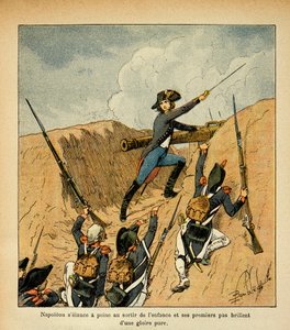 エマニュエル・デ・ラスカセス伯爵（1766-1842）の著書「聖ヘレネの記念」からボンブル・ルイ（1862-1927）が描いたイラスト。軍隊を率いて突撃するボナパルト、個人蔵 作： Louis Charles Bombled
