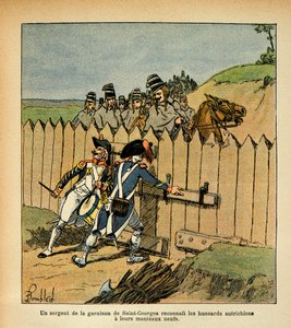 ボンブル・ルイ（1862-1927）が、エマニュエル・デ・ラスカセス伯爵（1766-1842）の著書『サン・ヘレネの記念』から描いたもの。イタリア遠征中、セント・ジョージ守備隊の軍曹は、新しいコートを着たオーストリア・ユサールを認め、Pr 作： Louis Charles Bombled