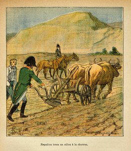 エマニュエル・ド・ラス・ケース伯爵（1766-1842）の著書『サン・ヘレネの記念』からボンブル・ルイ（1862-1927）が描いたイラスト。サン・ヘレネにて、皇帝ナポレオンが耕運機の溝をなぞる場面、プライベート・コレクション 作： Louis Charles Bombled