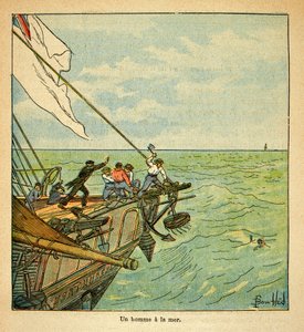エマニュエル・ド・ラス・ケース伯爵（1766-1842）の著書『サン・ヘレネの記念』からボンブル・ルイ（1862-1927）が描いたイラスト。皇帝ナポレオンがサン・ヘレネに向かう途中で溺れる男、個人蔵 作： Louis Charles Bombled