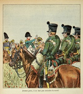 エマニュエル・ド・ラス・ケース伯爵（1766-1842）の著書『聖ヘレネの記念』からボンブル・ルイ（1862-1927）が描いたイラスト。ナポレオンの軍隊への演説、個人蔵 作： Louis Charles Bombled