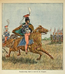 エマニュエル・デ・ラスカセス伯爵（1766-1842）の著書「聖ヘレネの記念碑」からボンブル・ルイ（1862-1927）が描いたイラスト。軍隊を前にした牧童ヨゼフ・アントニ・ポニャトウスキー（1763-1813）、プライベート・コレクション