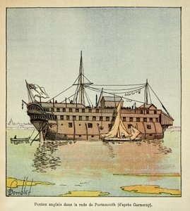 エマニュエル・ド・ラス・ケース伯爵（1766-1842）の著書『聖ヘレネの記念』からボンブル・ルイ（1862-1927）が描いたイラスト。ポーツマス港でフランス人の監獄として使われていたイギリスのポンツーン、個人蔵 作： Louis Charles Bombled