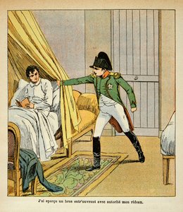 エマニュエル・ド・ラス・ケース伯爵（1766-1842）の著書『サン・ヘレネの記念碑』からボンブル・ルイ（1862-1927）が描いたイラスト。ナポレオンがサン・ヘレネのベッドでラス・ケースを目覚めさせる場面、個人蔵 作： Louis Charles Bombled