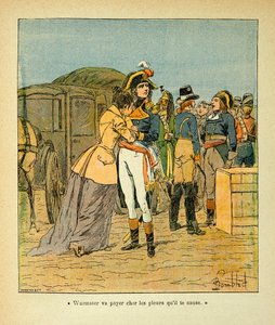エマニュエル・ド・ラス・ケース伯爵（1766-1842）の著書『聖ヘレネの記念』からボンブル・ルイ（1862-1927）が描いたイラスト。イタリア遠征中に車を襲撃されたボナパルトがジョゼフィーヌを慰める場面、個人蔵 作： Louis Charles Bombled
