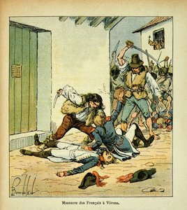 エマニュエル・ド・ラス・カース伯爵（1766-1842）の著書『聖ヘレネの記念』からボンブル・ルイ（1862-1927）が描いたイラスト。ヴェローナでのフランス兵の虐殺、個人蔵 作： Louis Charles Bombled