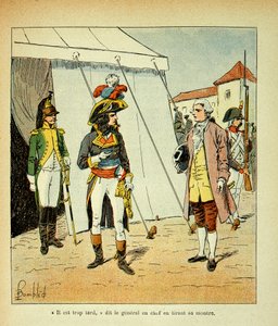 エマニュエル・デ・ラスカセス伯爵（1766-1842）の著書『聖ヘレネの記念』からボンブル・ルイ（1862-1927）が描いたイラスト。ボナパルトとの仲介を試みるヴェネツィア代表、個人蔵 作： Louis Charles Bombled