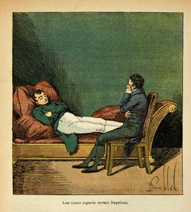 エマニュエル・ド・ラス・ケース伯爵（1766-1842）の著書『サン・ヘレネの記念』からボンブル・ルイ（1862-1927）が描いたイラスト。眠るナポレオンを見つめるラス・ケース、プライベート・コレクション