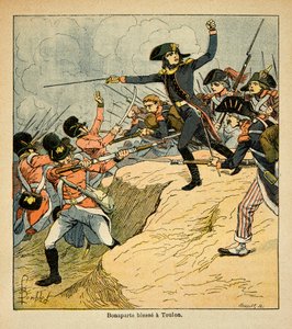 エマニュエル・ド・ラス・ケース伯爵（1766-1842）の著書「聖ヘレネの記念」からボンブル・ルイ（1862-1927）が描いたイラスト。トゥーロンの席で負傷するボナパルト、個人蔵 作： Louis Charles Bombled