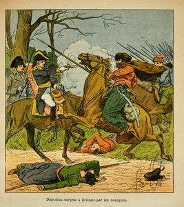 エマニュエル・ド・ラス・ケース伯爵（1766-1842）の著書『聖ヘレネの記念』からボンブル・ルイ（1862-1927）が描いたイラスト。ブリエンヌでコサックに奇襲されるナポレオン、個人蔵